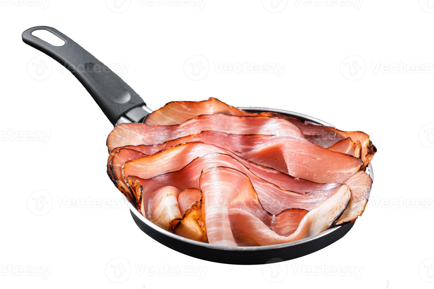 Cooking of Black Forest Ham in skillet. Isolated, white background. photo