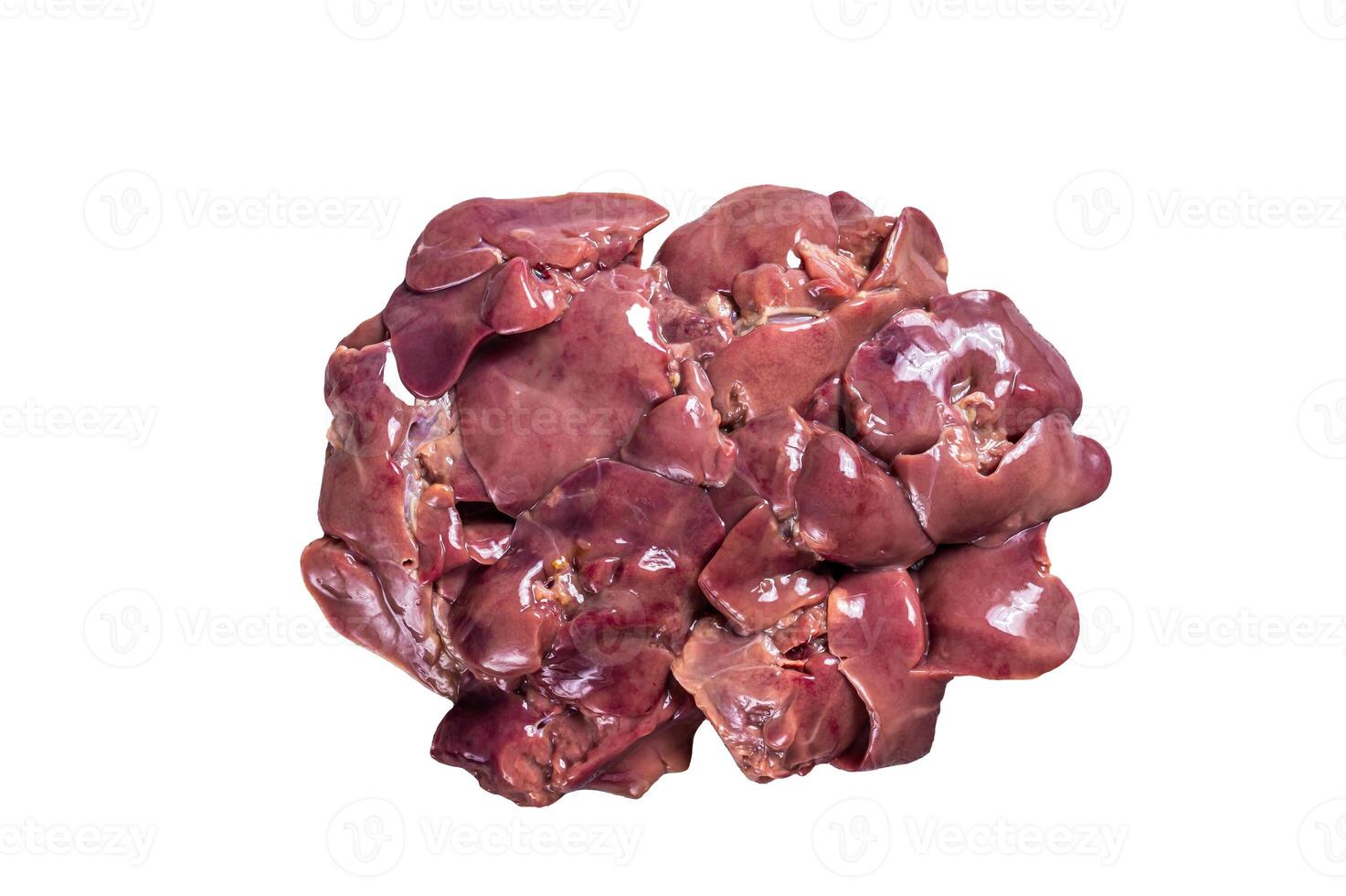 Raw chicken liver meat on butcher table. Isolated on white background. photo