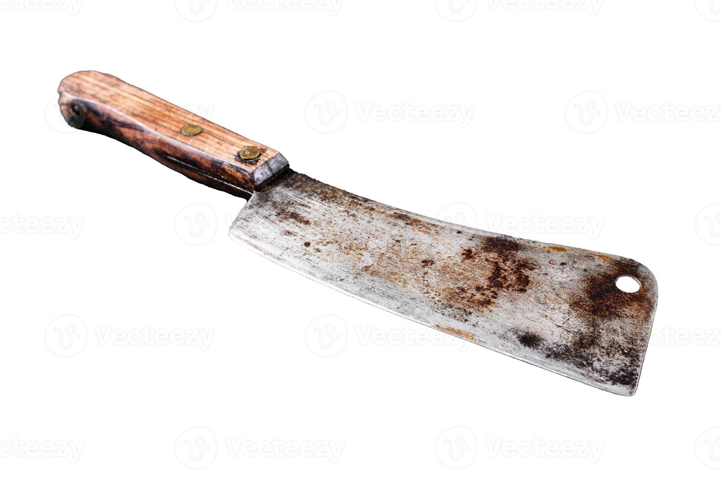 Vintage butcher cleaver with wooden handle. Isolated on white background. Top view. photo