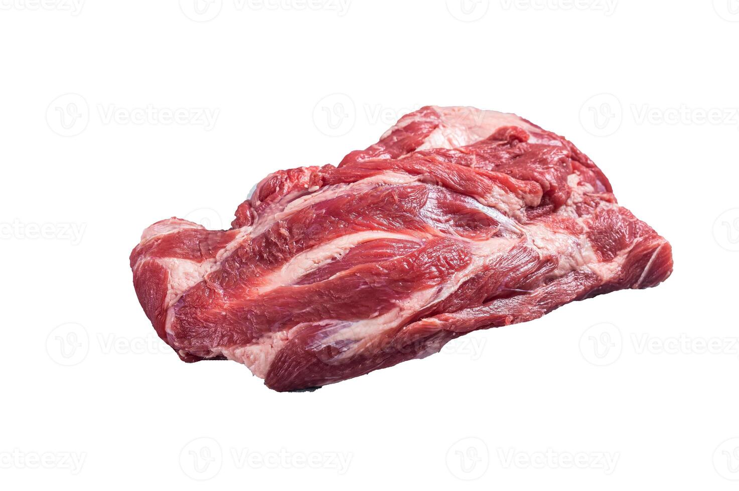 Boneless Raw lamb neck meat on a butcher table. High quality Isolate, white background. photo