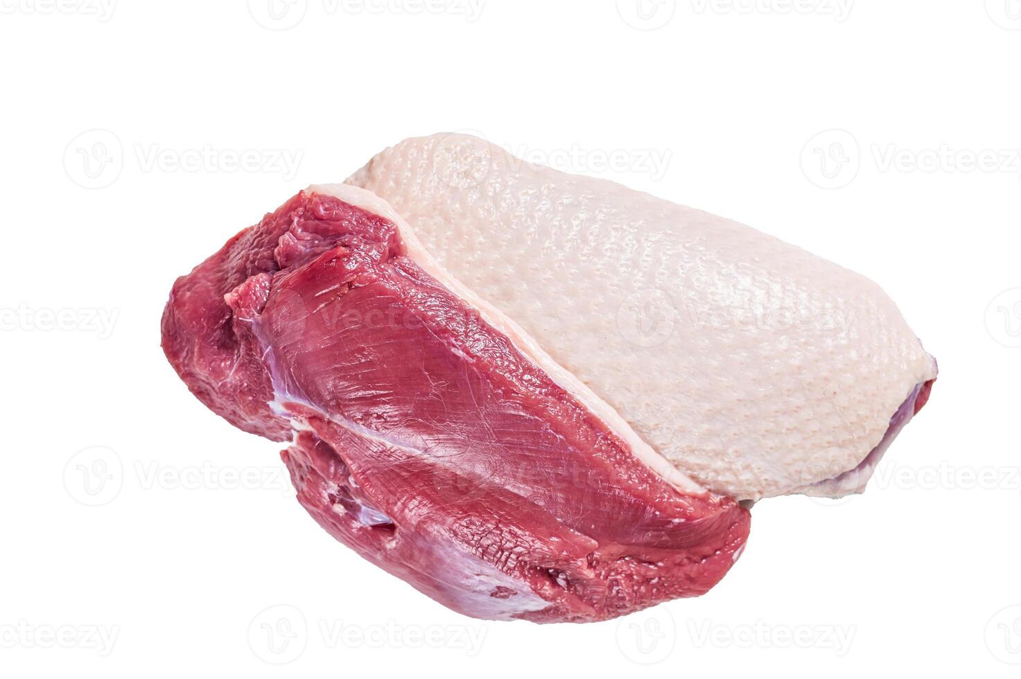 Raw uncooked Duck breast fillet steaks on butcher table. Isolated on white background photo