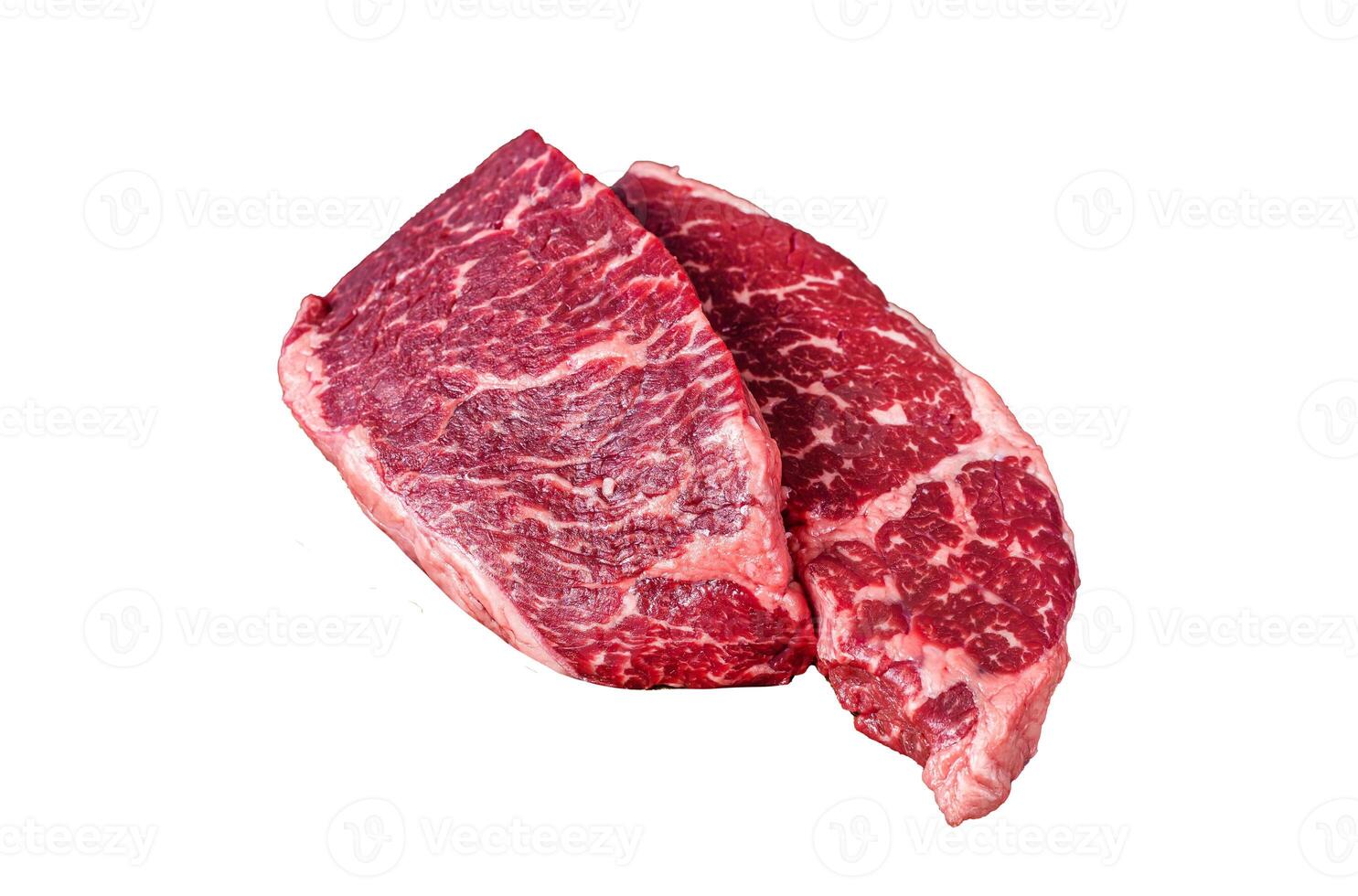 Raw denver cut black angus beef steak Isolated on white background, top view. photo
