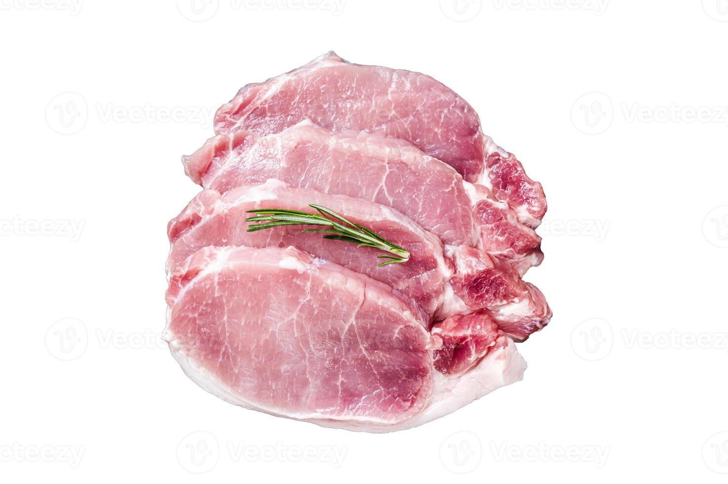 Raw pork chop steaks in steel tray with rosemary. Isolated, white background. photo