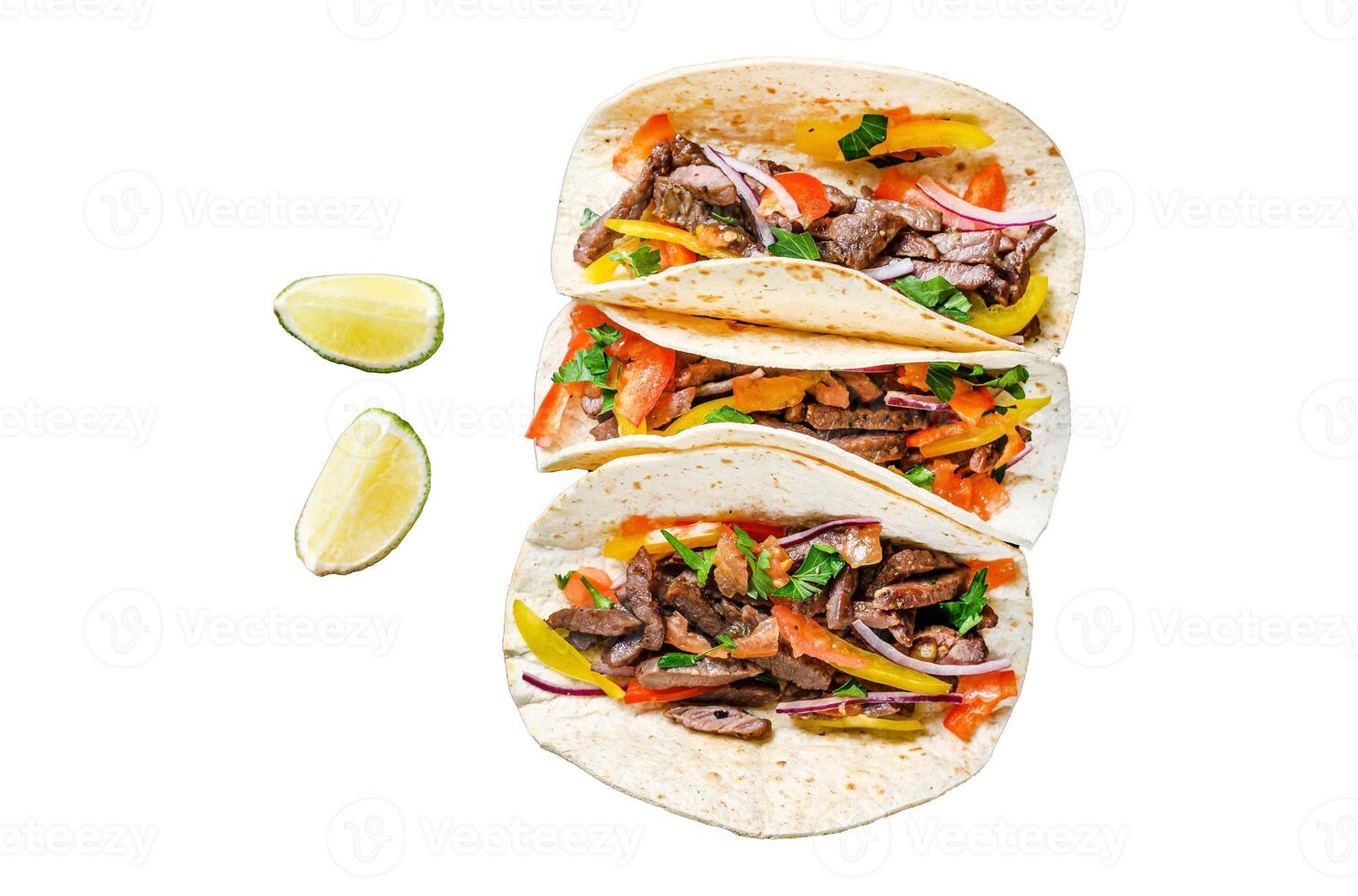 Mexican tacos shells with beef meat, onion, tomato and sweet pepper. Isolated on white background, Top view. photo