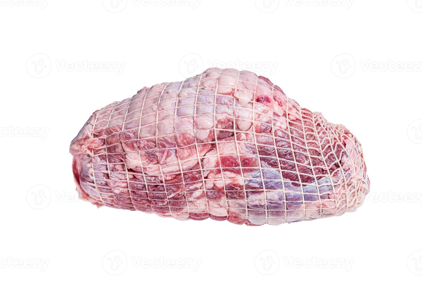 Boneless Leg of Lamb meat on butcher table. Isolated on white background. photo