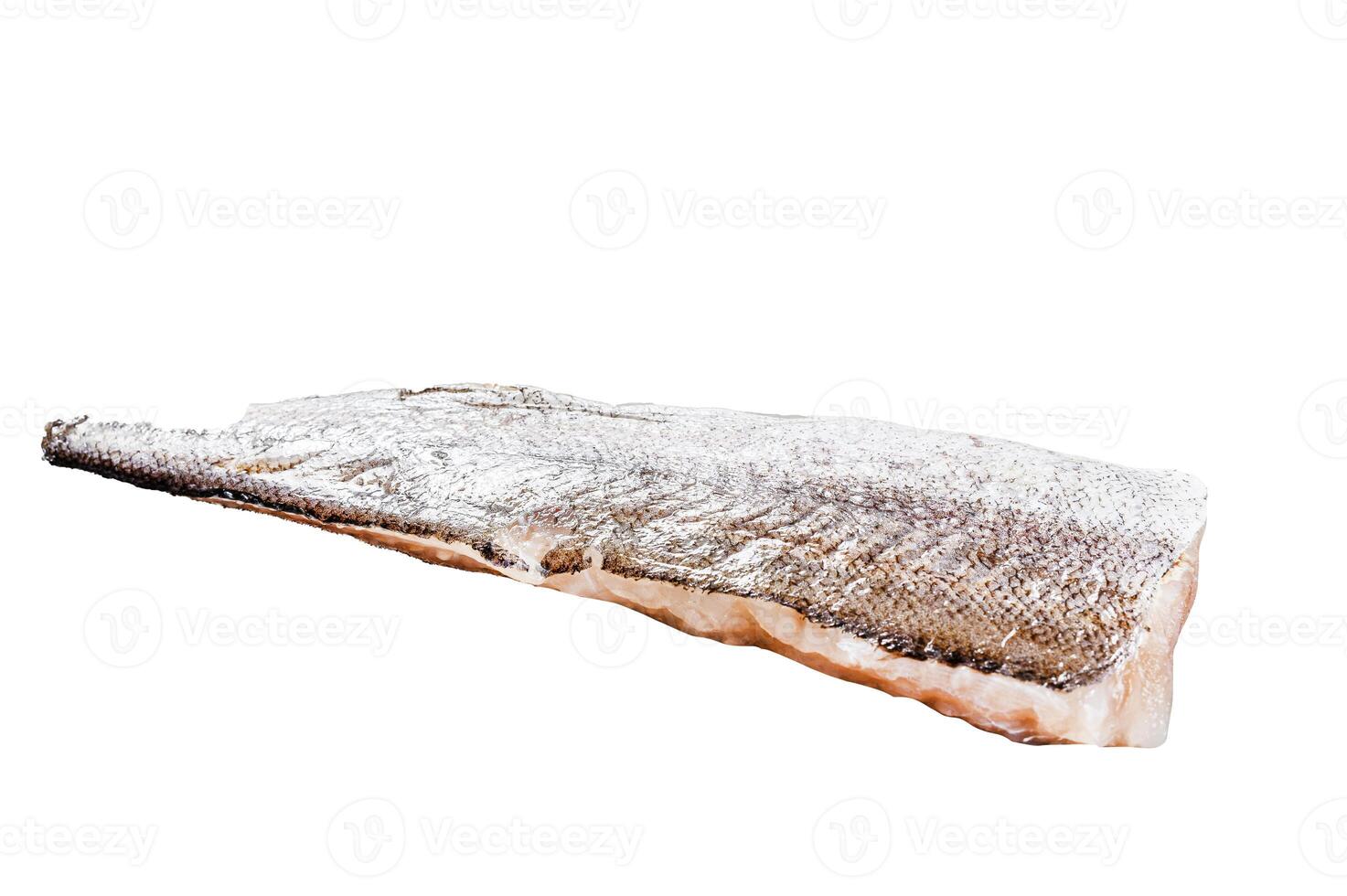 Raw fillet of hake fish. Isolated on white background. Top view. photo