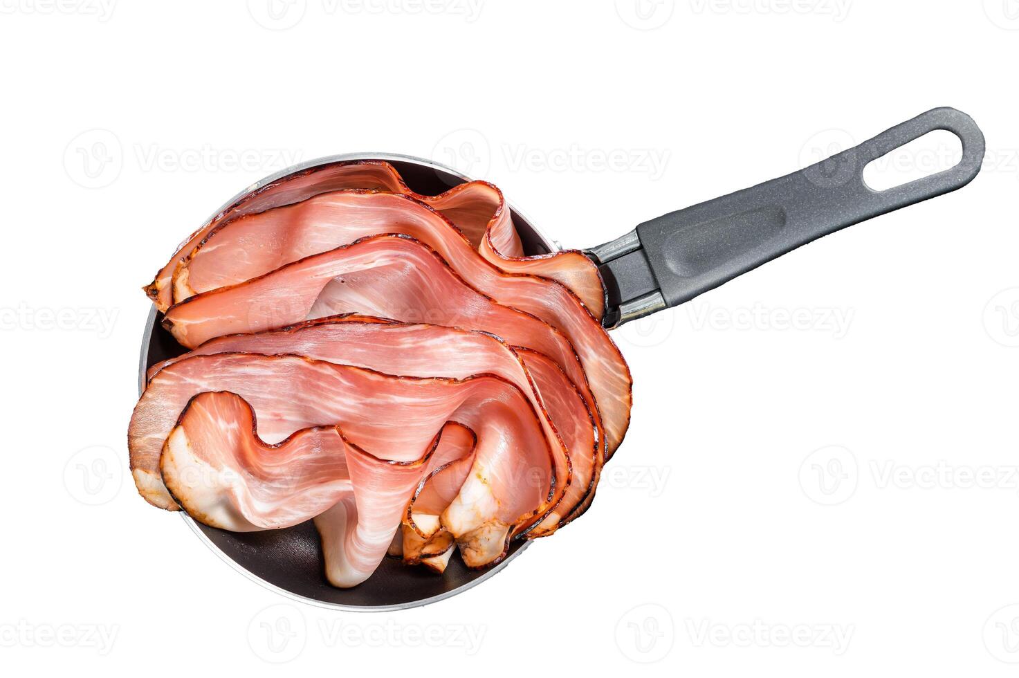 Cooking of Black Forest Ham in skillet. Isolated, white background. photo