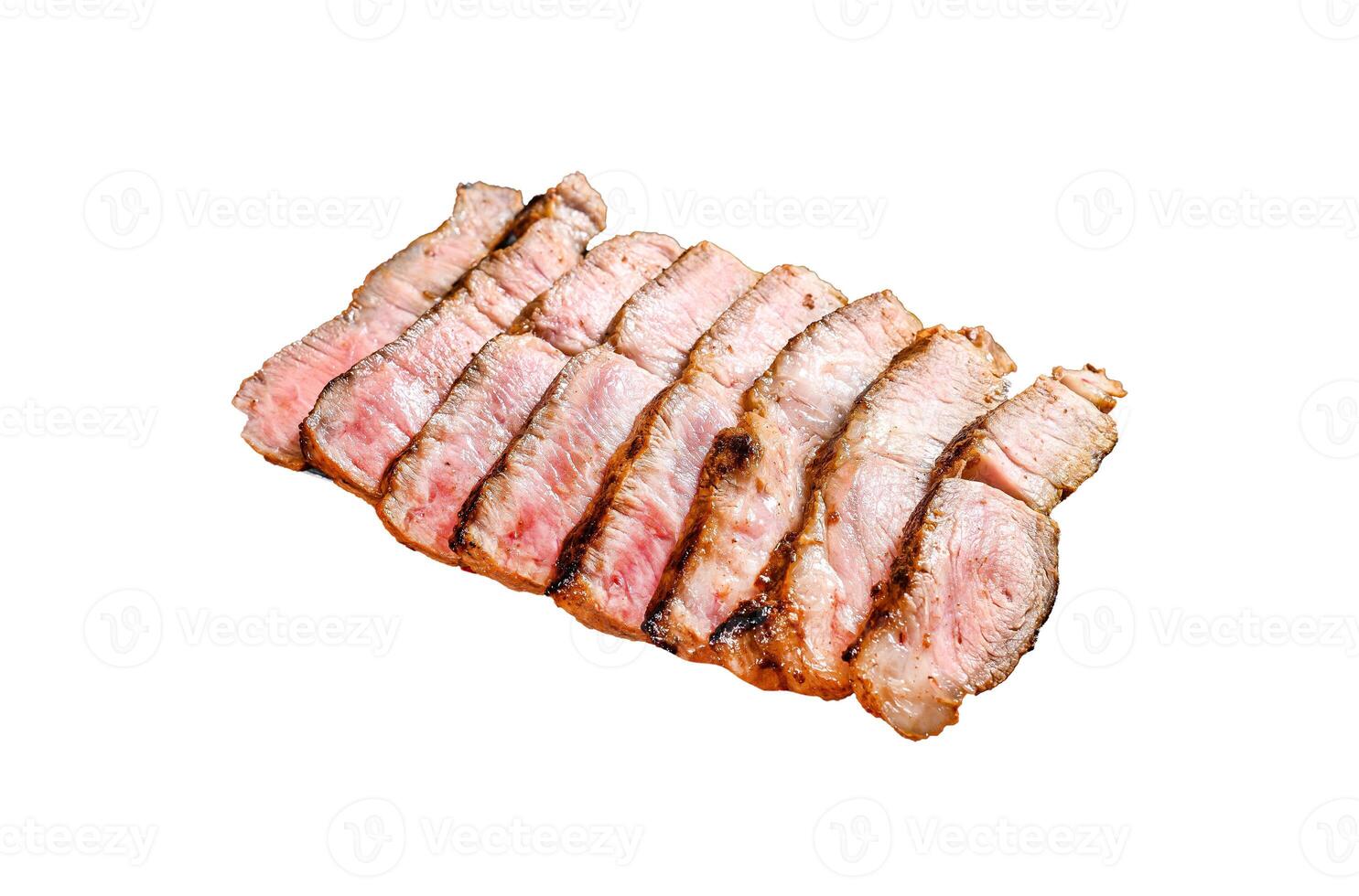 Grilled sliced pork steak Isolated on white background. Top view. photo