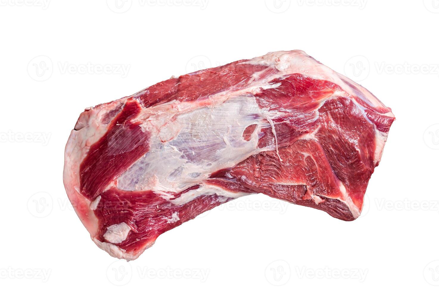 Raw lamb mutton shoulder meat on the bone. Isolated on white background. photo