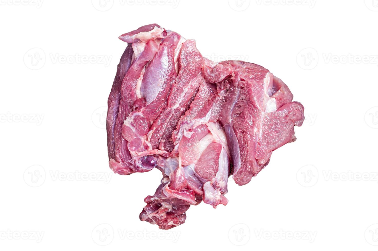 Raw Turkey boneless and skinless thigh fillet. Farm eco meat. Isolated on white background. photo