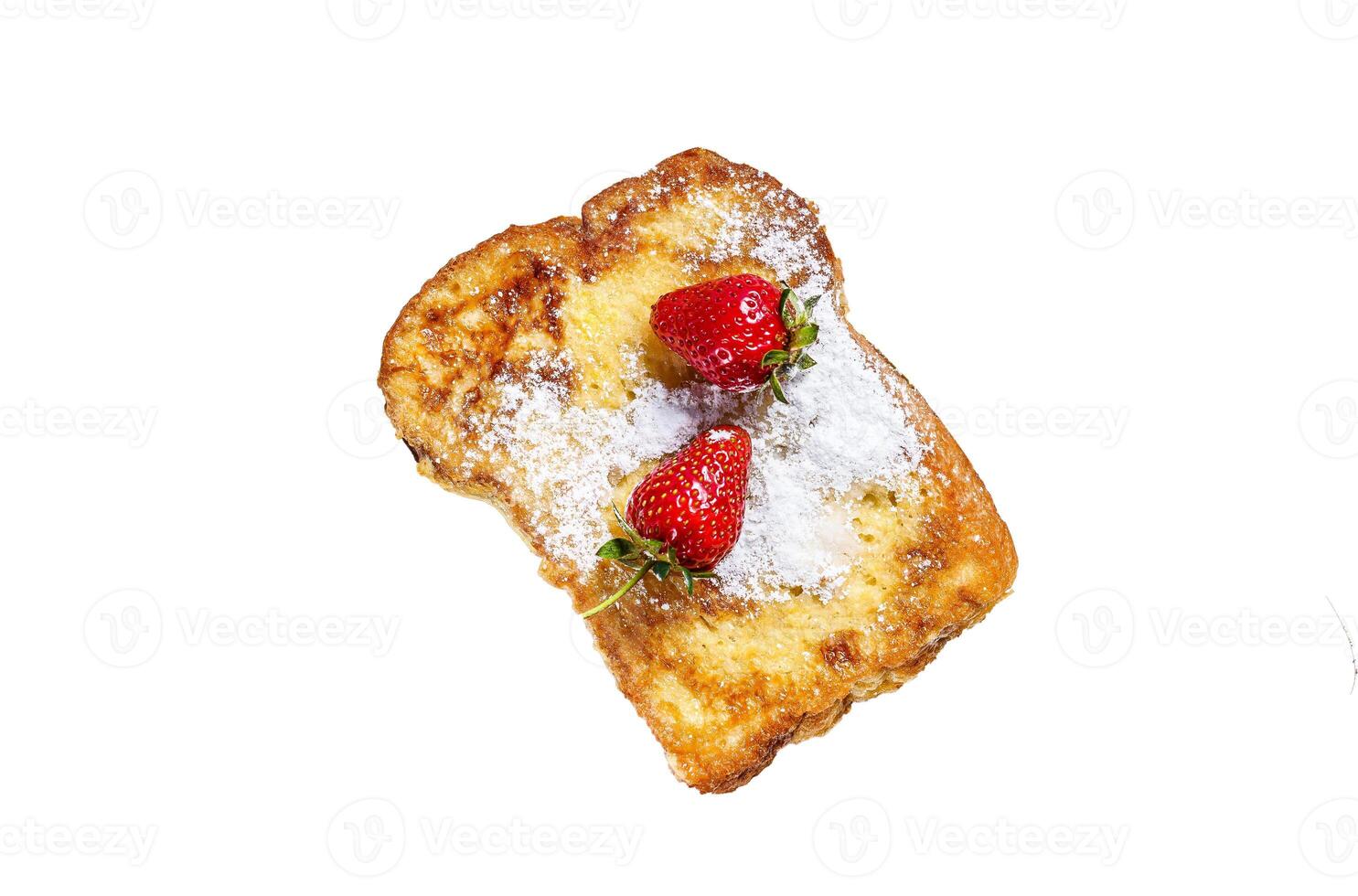 French Toasted with strawberry. Healthy Breakfast. Isolated on white background. Top view. photo