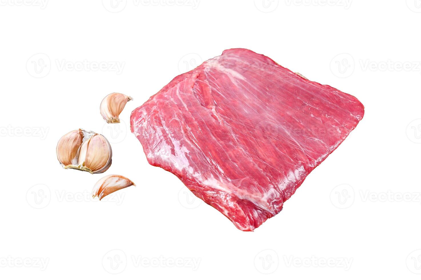 Raw flank or flap beef meat steak Isolated on white background, top view. photo