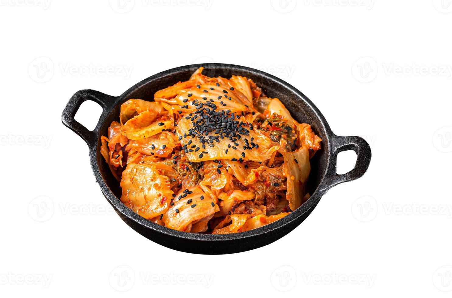 Kimchi salted and fermented chinese cabbage in a skillet. Isolated on white background. photo