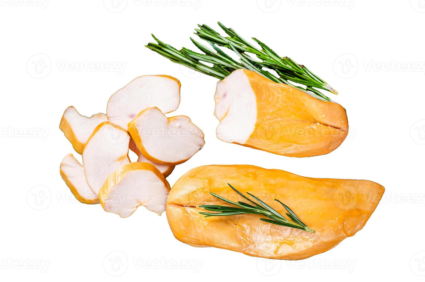 Sliced Smoked chicken breast fillet meat Isolated on white background, top view. photo