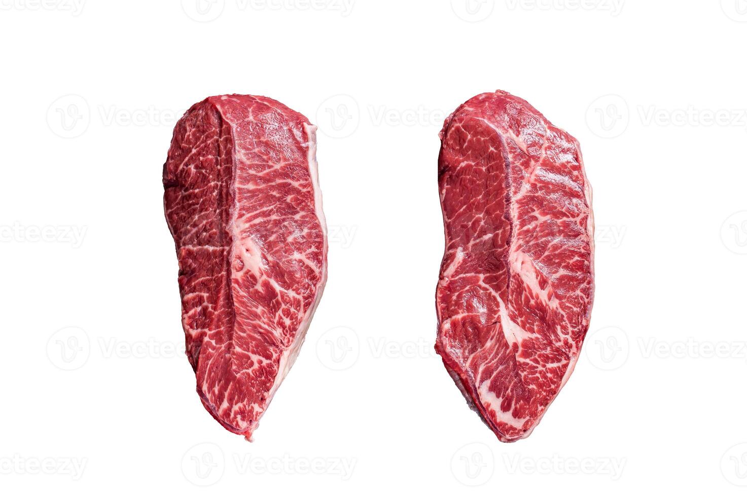 Raw Top Blade or flat iron beef meat steaks on a butcher table. Isolated on white background photo
