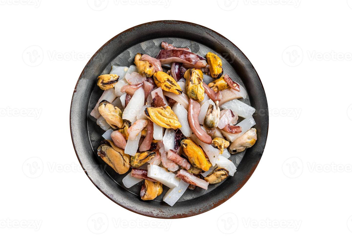 Raw Seafood mix, sea cocktail of fresh mussels, clams, squid, octopus, shrimps and prawn. Isolated on white background. photo