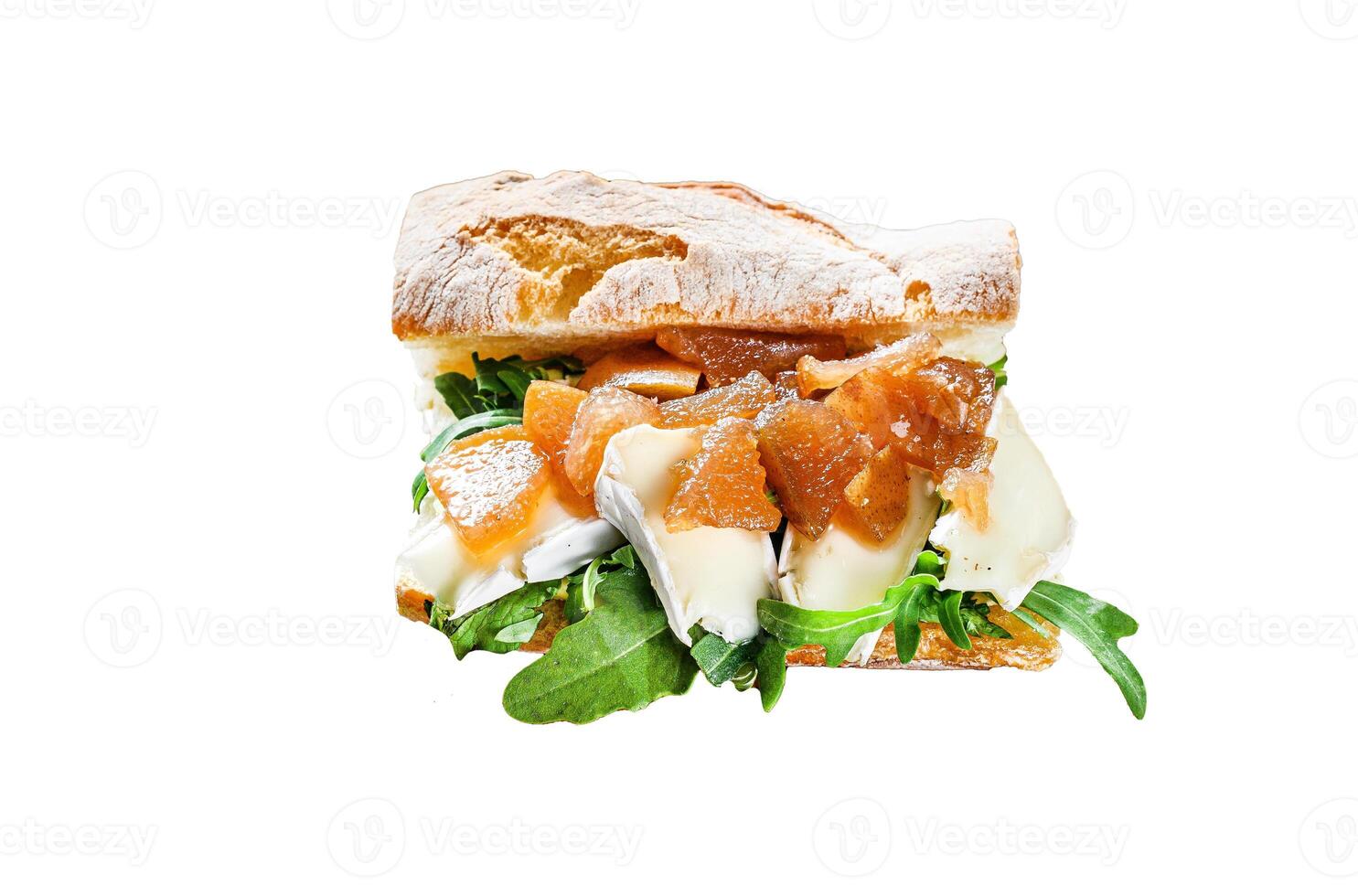 Baguette sandwich with soft cream cheese, pear and chard. Isolated on white background. Top view. photo