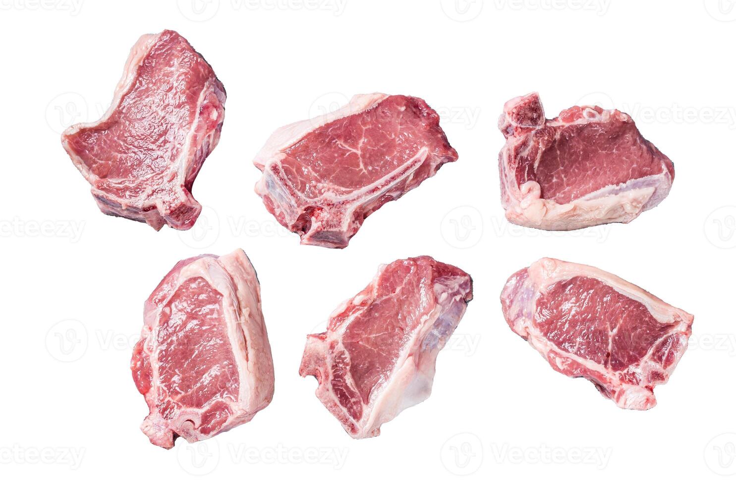 Raw fresh lamb loin chops cutlets. Isolated on white background, top view. photo