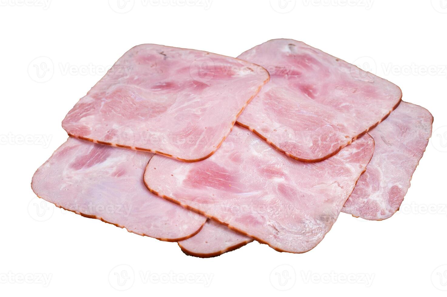 Square Slices of pork ham on wooden table. Isolated on white background photo