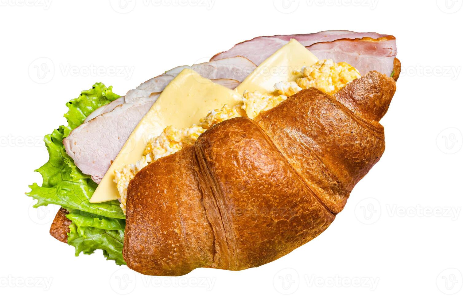 Breakfast croissant sandwich with scrambled eggs, cheese and ham. Isolated, white background. photo