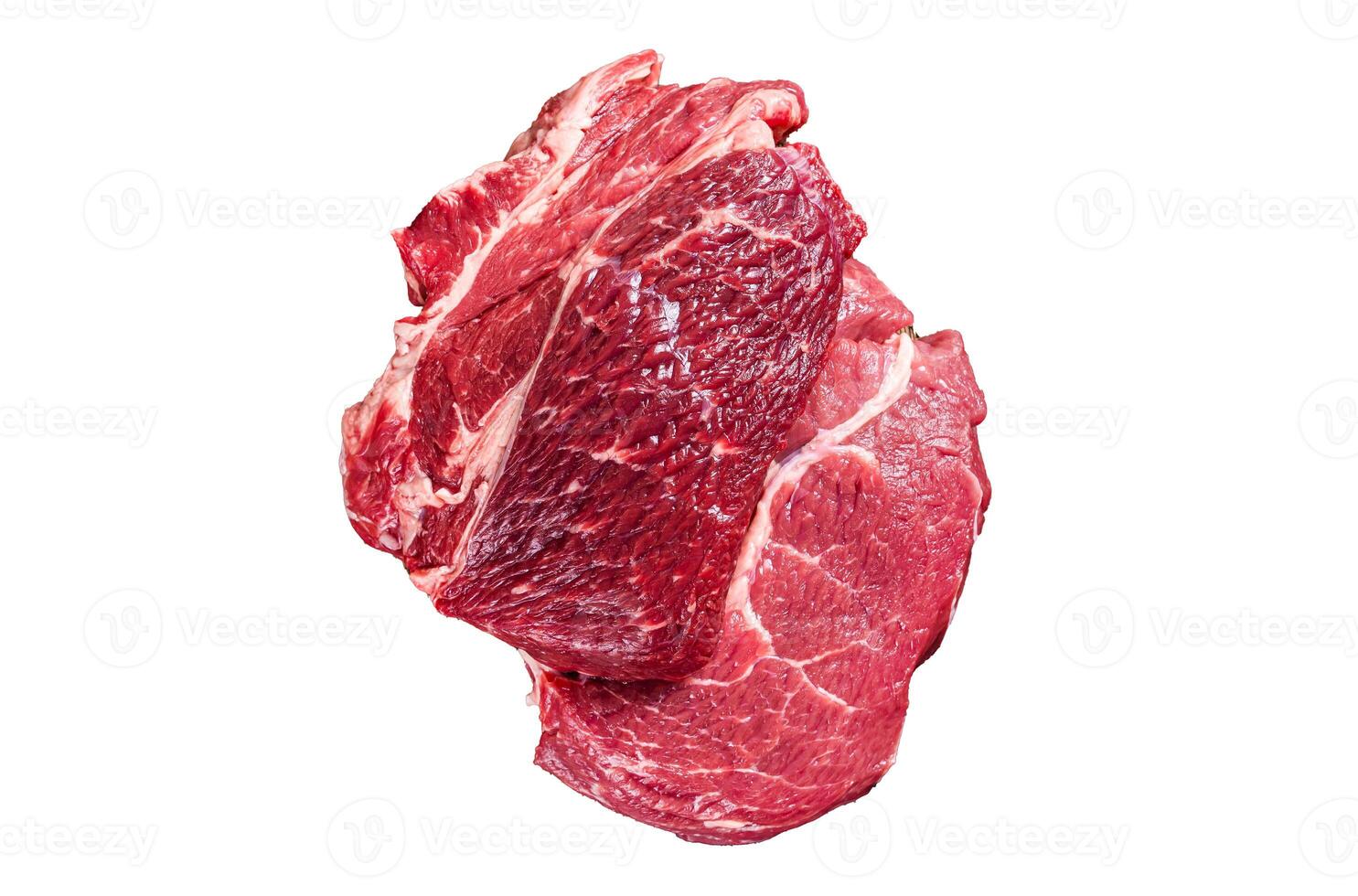 Raw Chuck eye roll Black Angus prime beef steak Isolated on white background, top view. photo