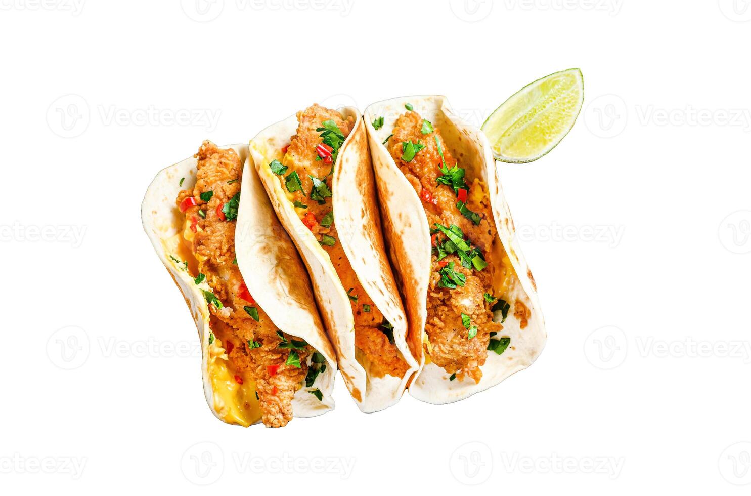 Traditional Mexican tacos with meat and vegetables. Isolated on white background. Top view. photo