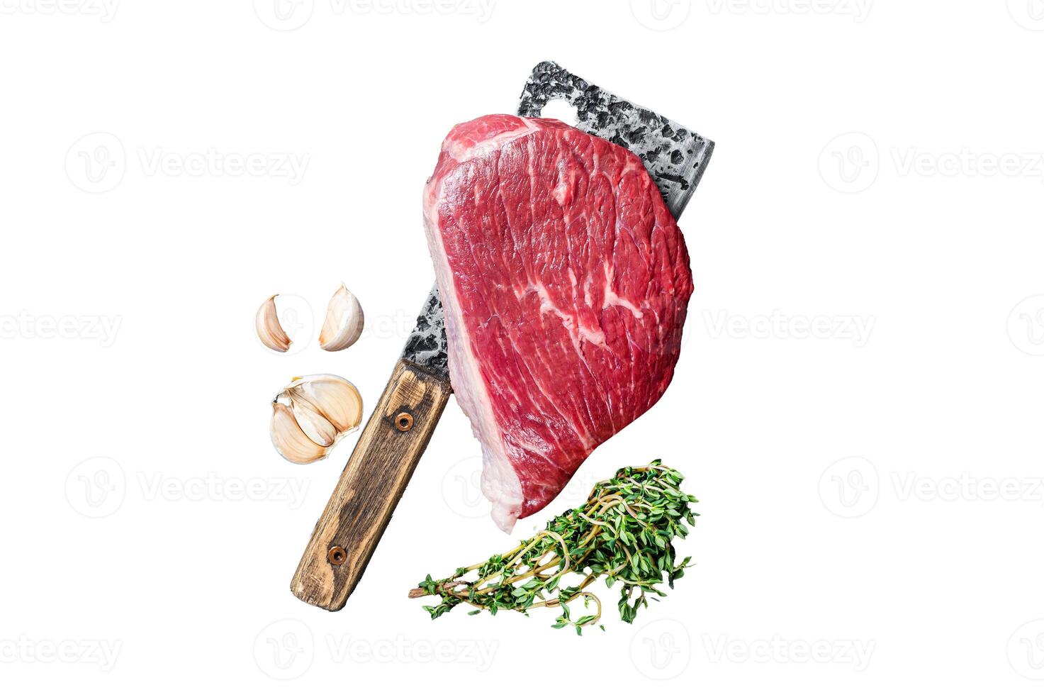 Fresh Raw rump beef cut or top sirloin cap steak on butcher cleaver. Isolated on white background. photo