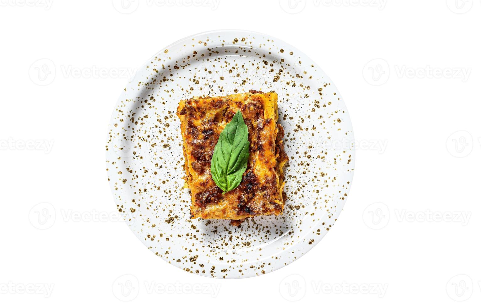 Homemade Italian Lasagna with Tomato Sauce and Beef. Isolated on white background. photo