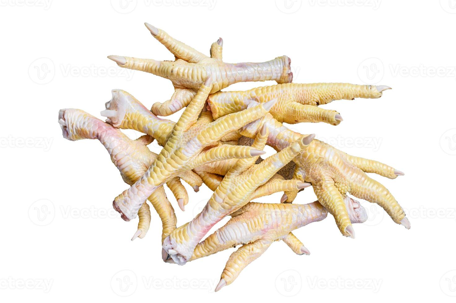 Raw Chicken feets on kitchen table. Isolated on white background, top view. photo