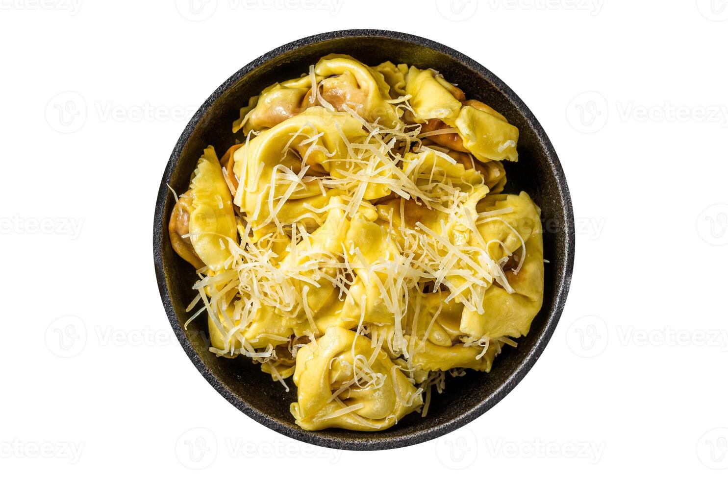 Ravioli Pasta with Mozzarella, parmesan cheese and Tomato. Isolated, white background. Top view. photo