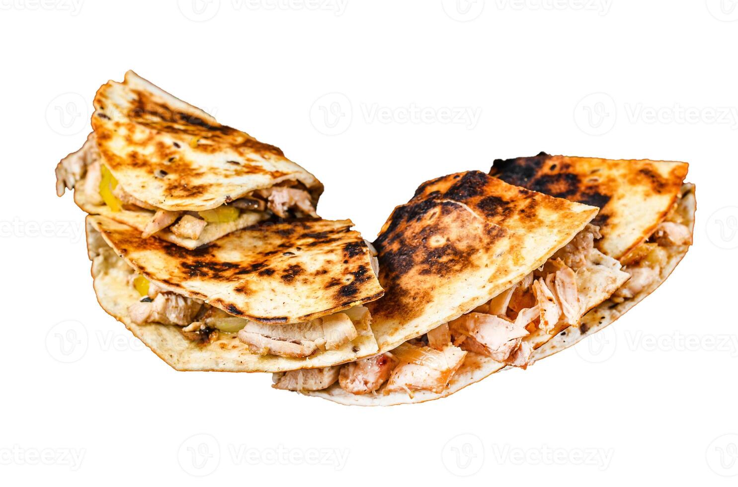 Mexican quesadilla with chicken, paprika, cheese and cilantro Isolated on white background, top view. photo