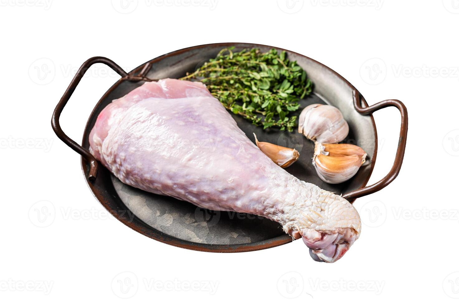 Uncooked turkey legs Drumsticks, raw Poultry meat. Isolated on white background. Top view. photo