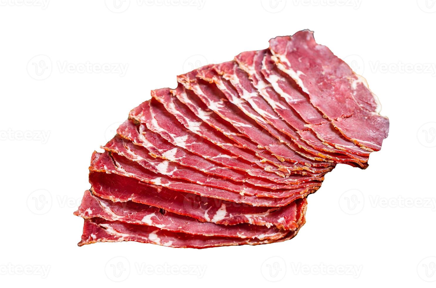 Sliced Turkish bacon Pastrami, roasted beef meat. Isolated on white background, top view. photo