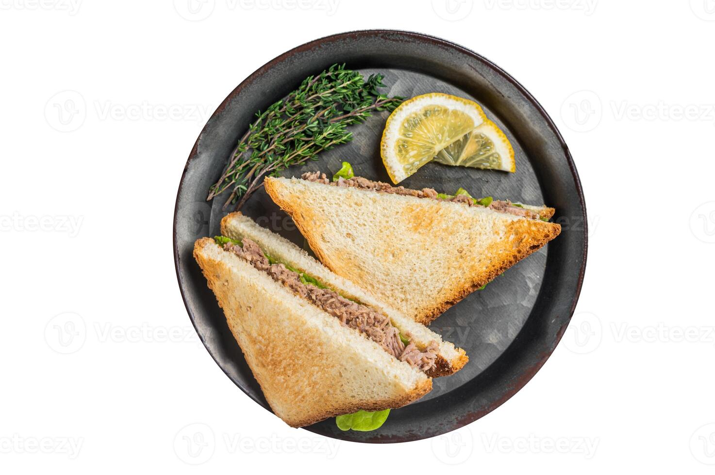 Tuna Salad Sandwich with Cheese, lettuce and herbs. Isolated on white background. photo