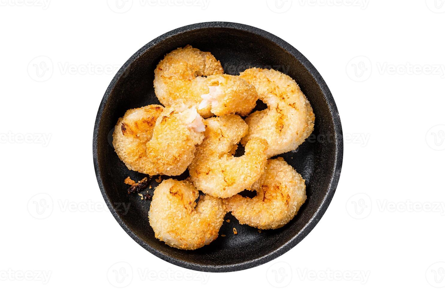 Fried Breaded Shrimps Prawns in a pan. Isolated on white background. photo