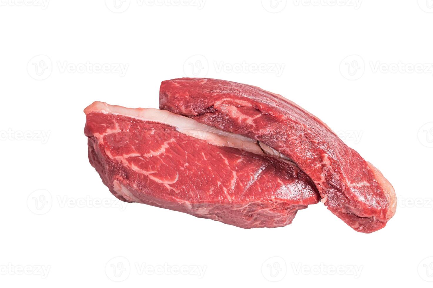 Raw top sirloin steak, cap rump beef meat steak. Isolated on white background. photo