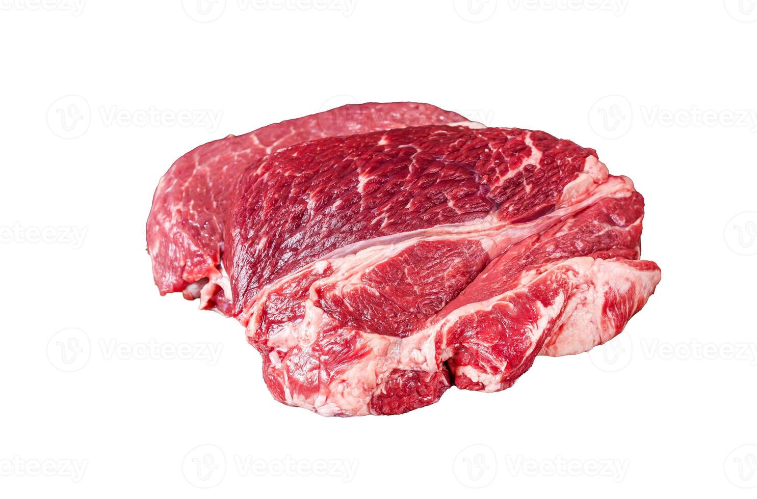 Raw Chuck eye roll Black Angus prime beef steak Isolated on white background, top view. photo