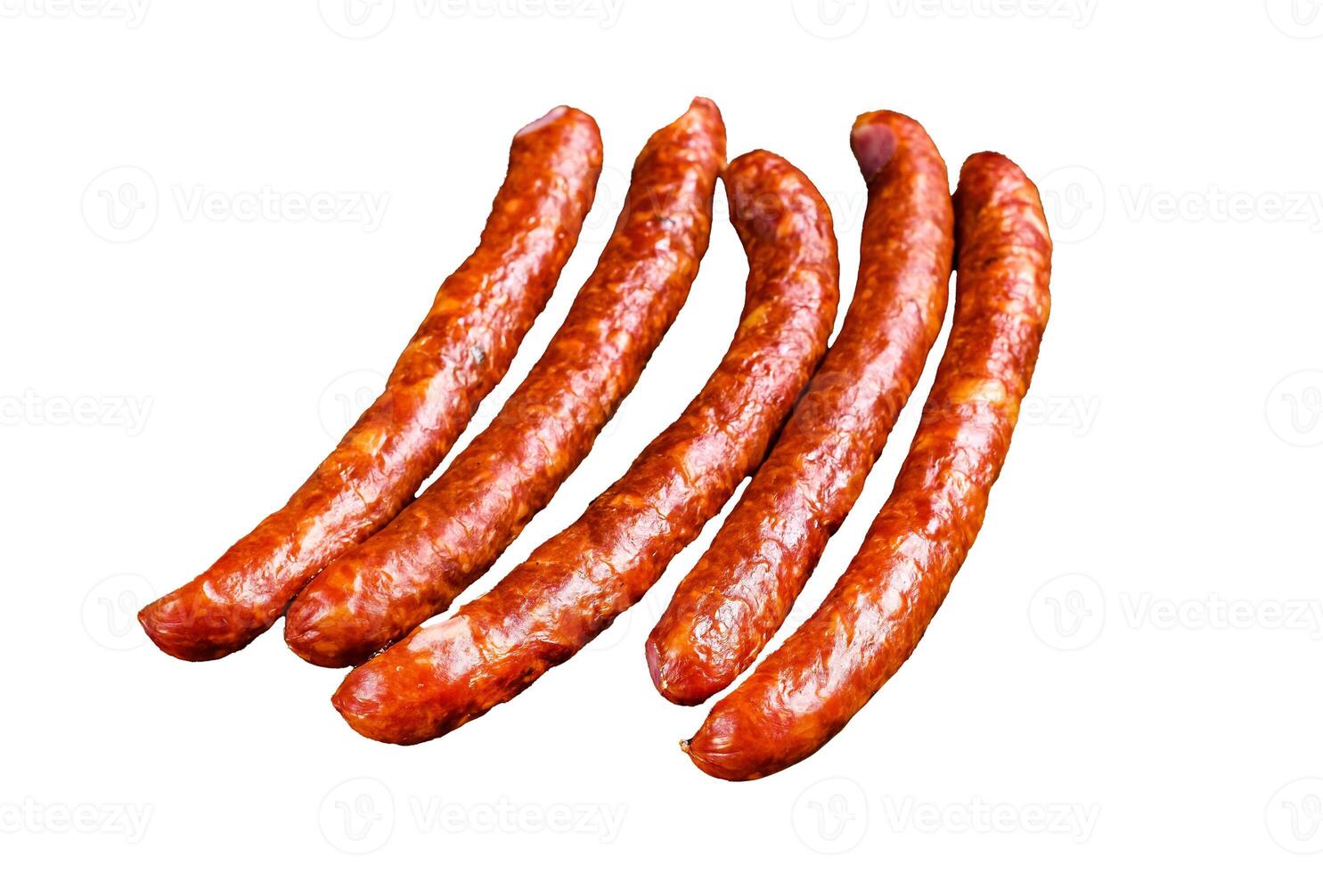 Hot Smoked sausages with addition of fresh aromatic herbs and spices. Isolated on white background, Top view. photo