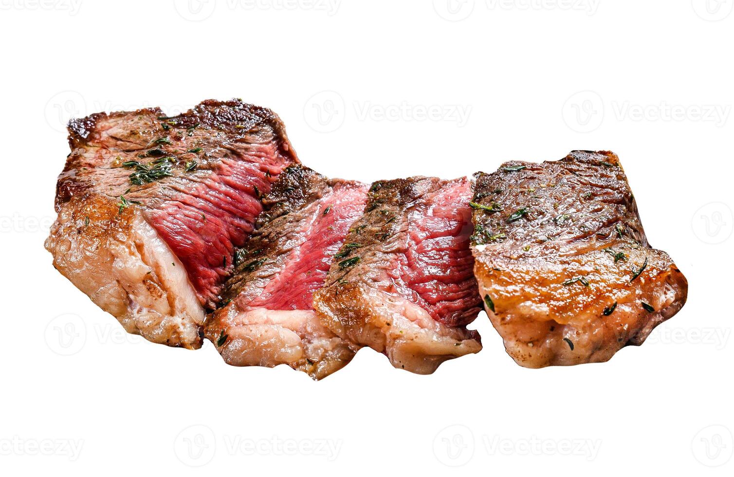 Grilled rump steak with potato, beef meat. Isolated on white background. Top view. photo