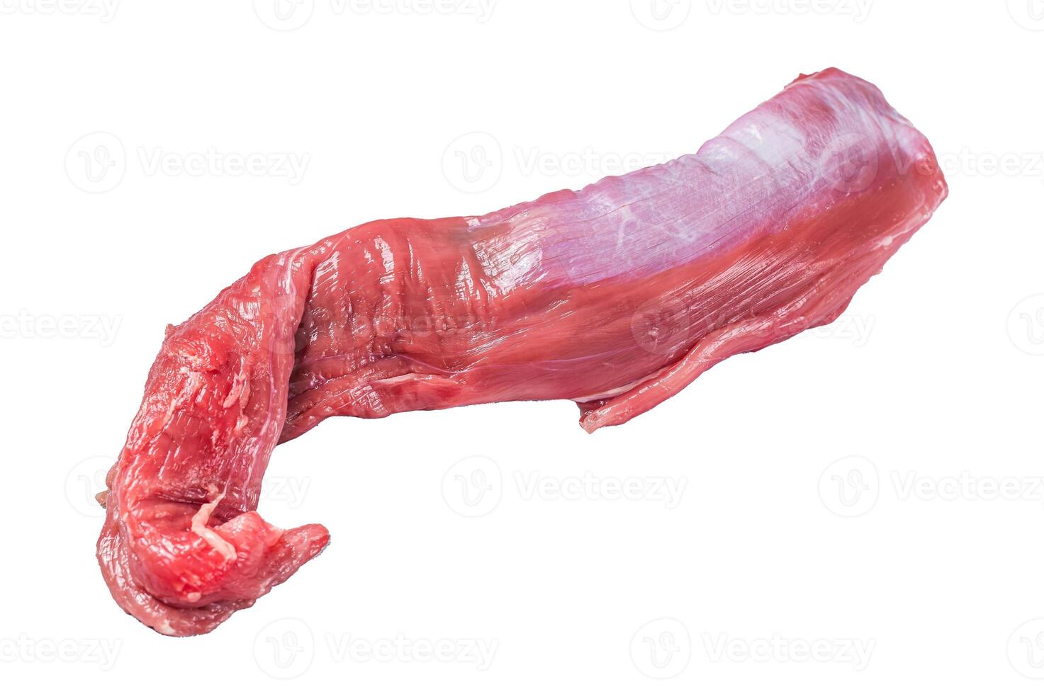 Whole piece of raw beef tenderloin on butcher table. Isolated, white background. photo
