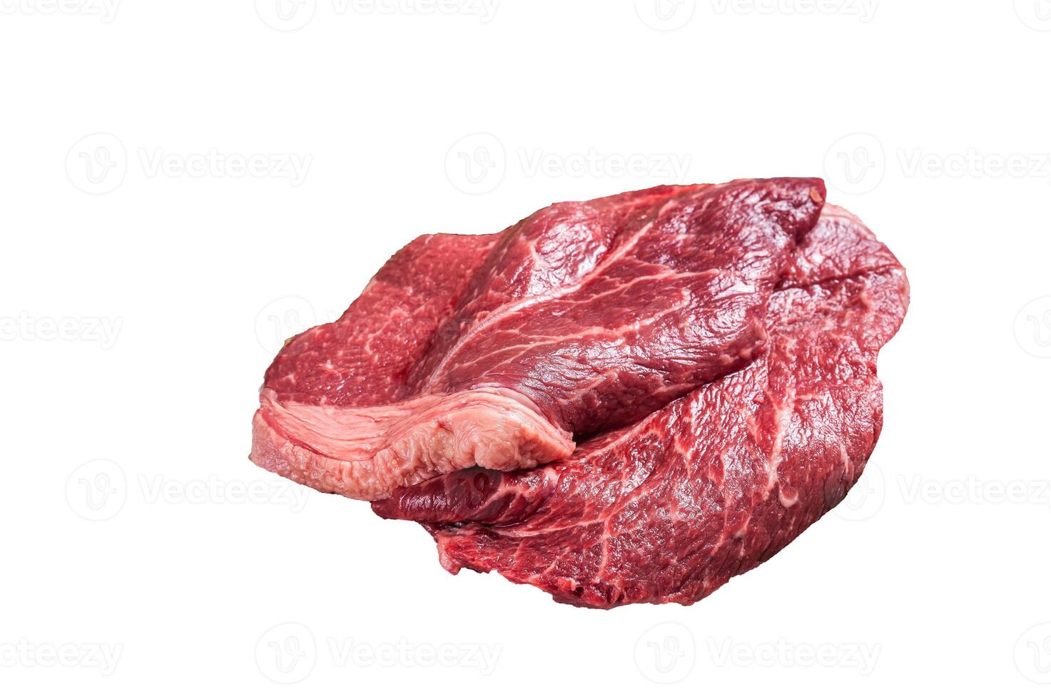 Fresh raw beef meat sirloin steaks, herbs and spices around cutting board. High quality Isolate, white background. photo