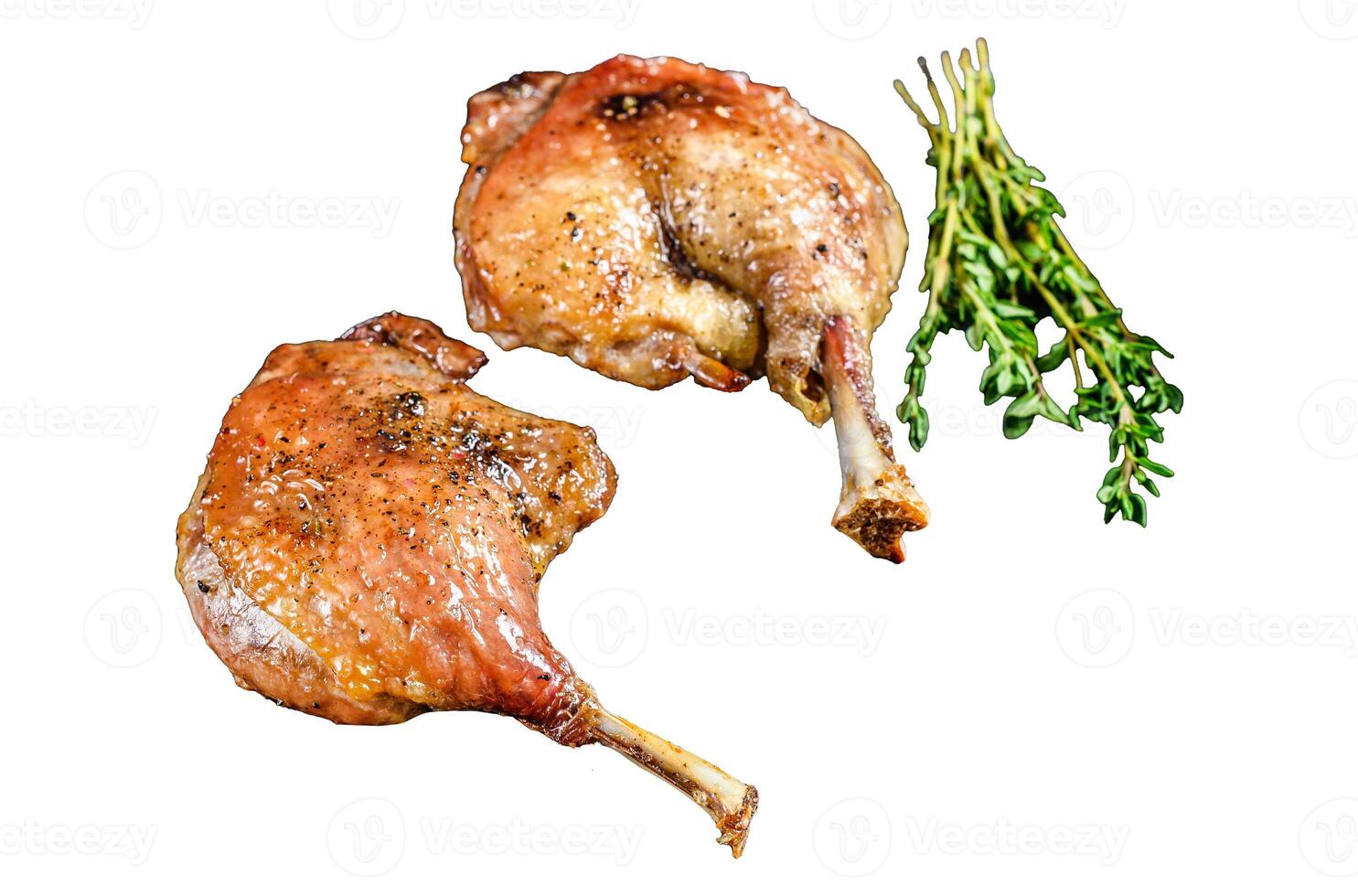 Roasted duck leg confit with cranberrie sauce. Isolated on white background, Top view. photo