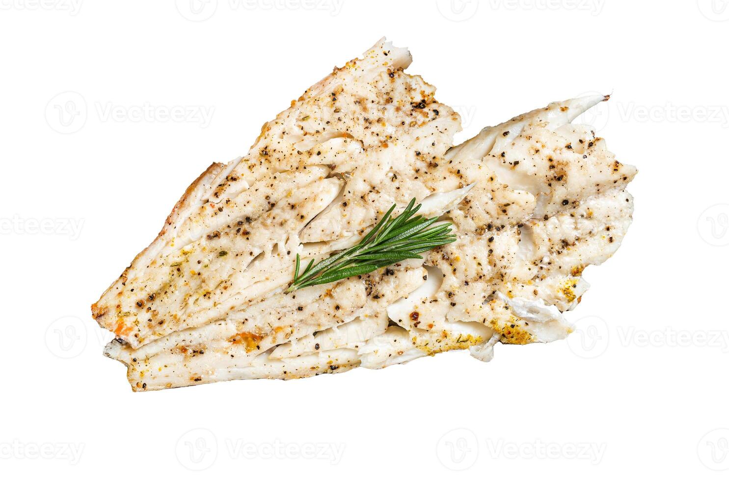 Baked Haddock fish fillet on wooden board with tomato and potato. Isolated, white background. photo