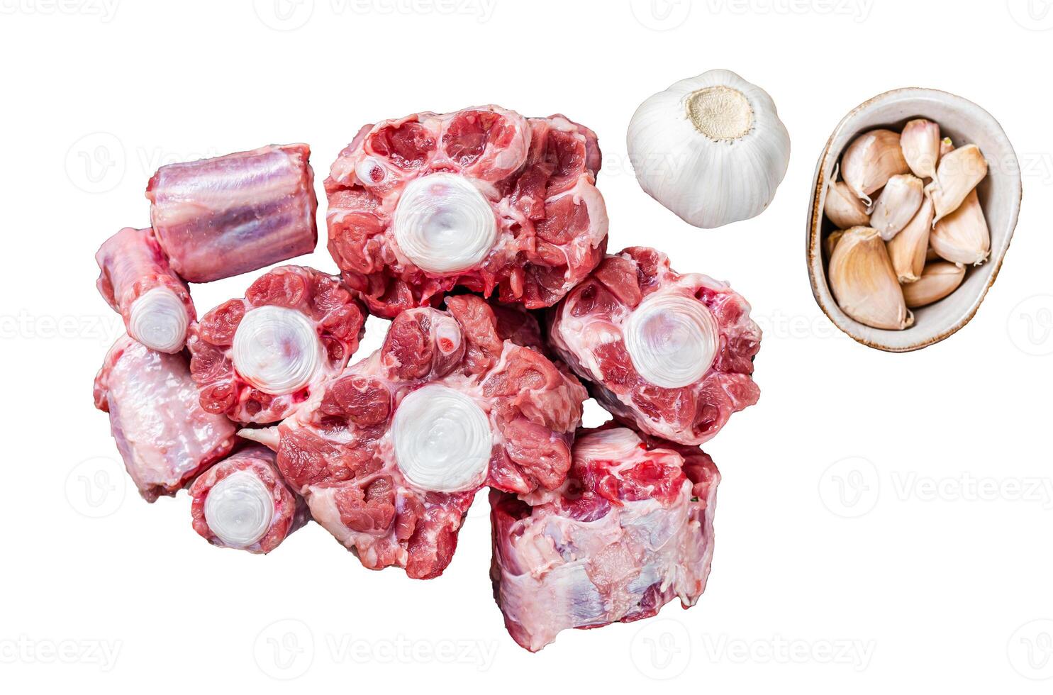 Raw beef Oxtail cut Meat Isolated on white background, top view. photo