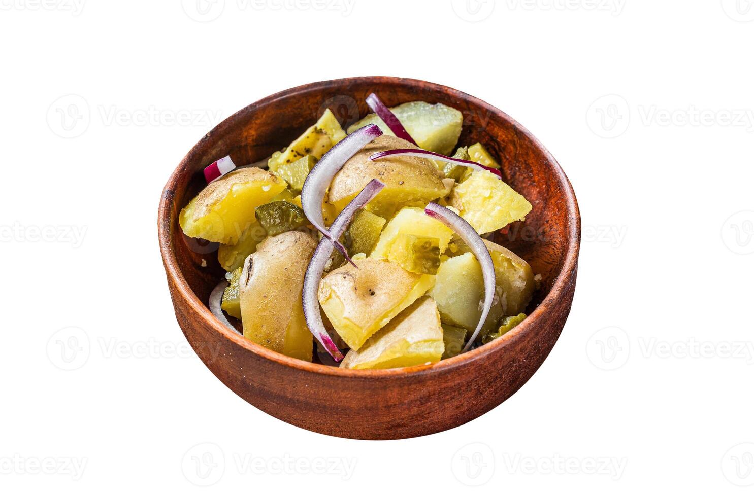 Cooking Traditional German potato salad - Kartoffelsalat. Isolated on white background. Top view. photo