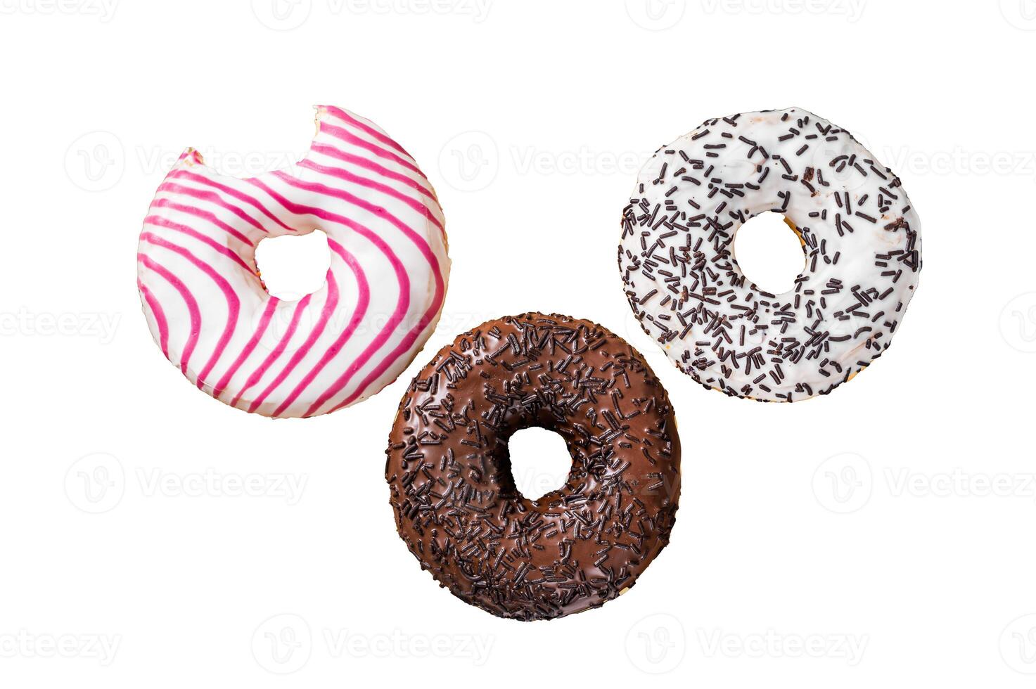 Donuts with chocolate, pink glazed and sprinkles Doughnut. Isolated on white background, top view. photo