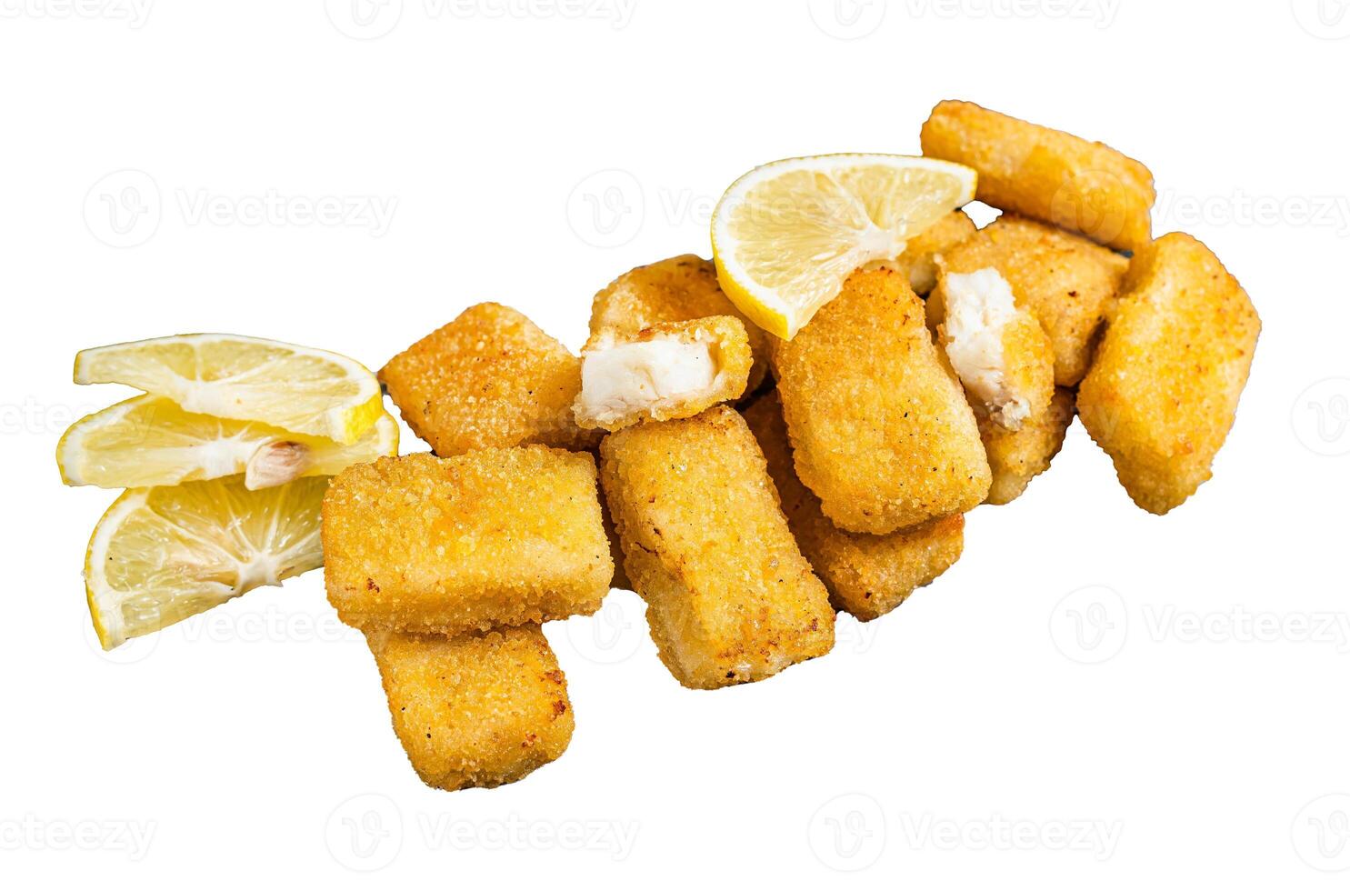 Golden roast Fish Sticks Fingers with sauce on a wooden board. Isolated, white background. photo