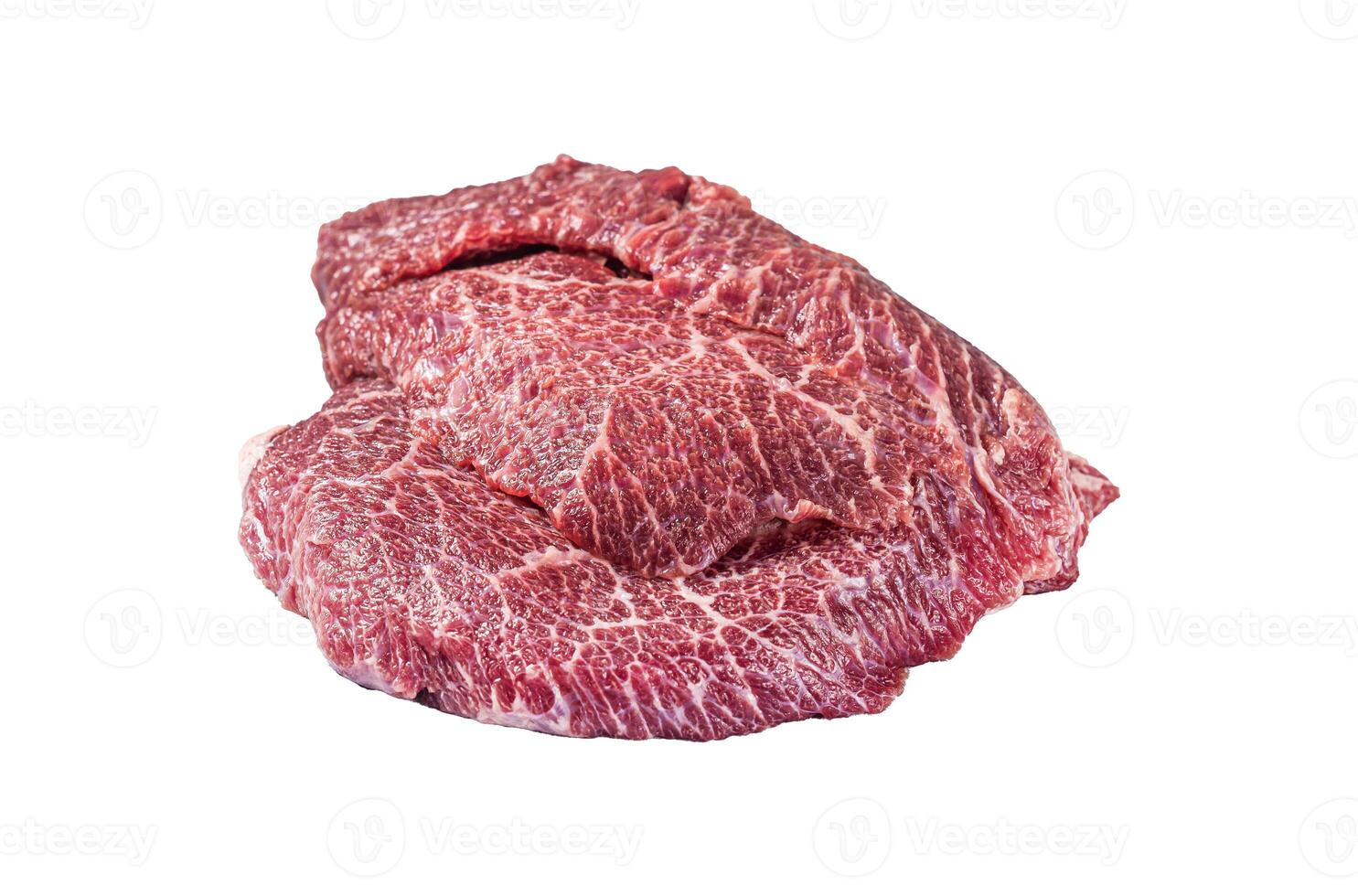 Traditional German raw beef cheeks on butcher table. Isolated, white background. photo