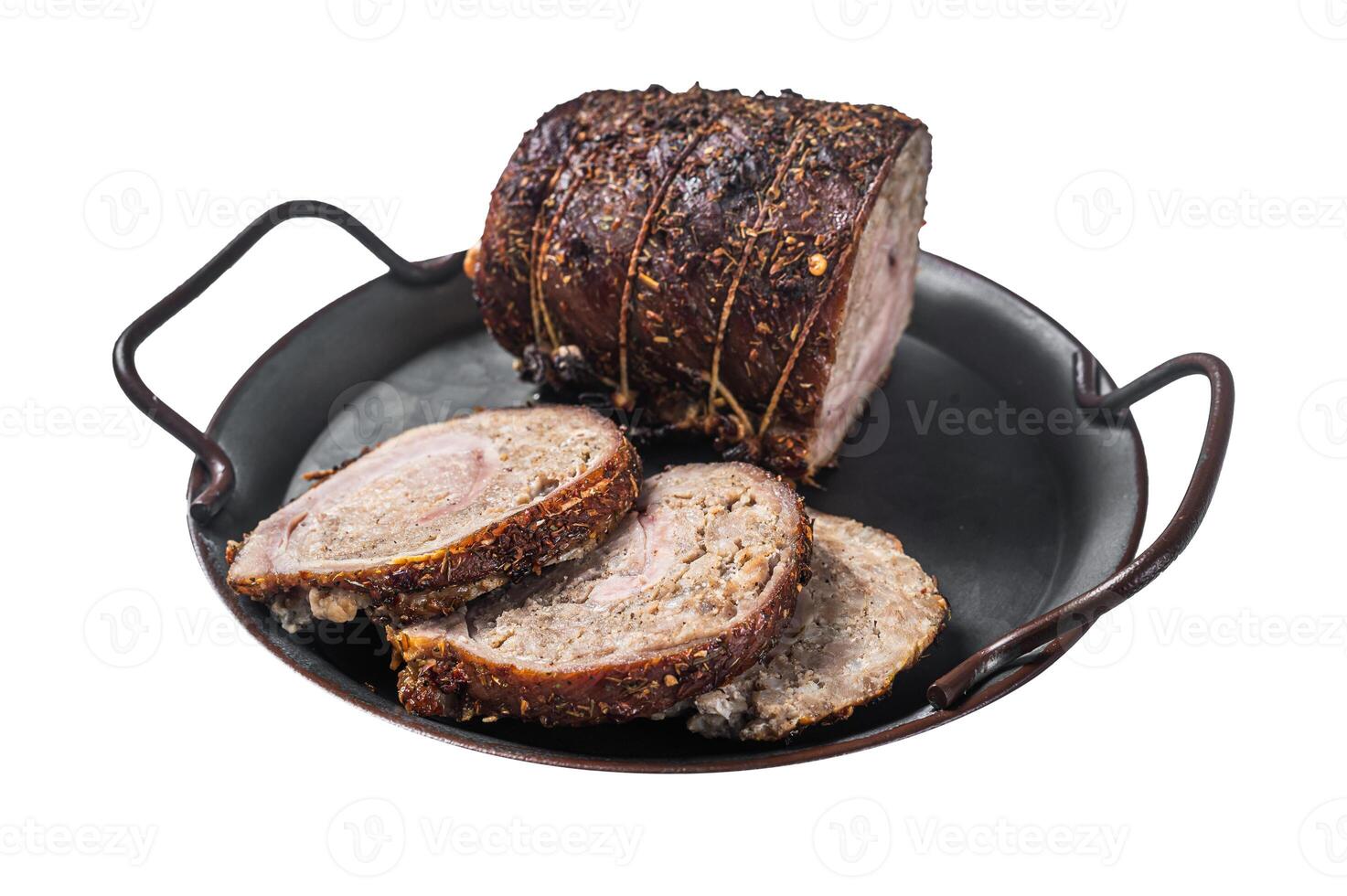 Sliced roast pork meat roulade on a steel tray. Isolated on white background. Top view. photo