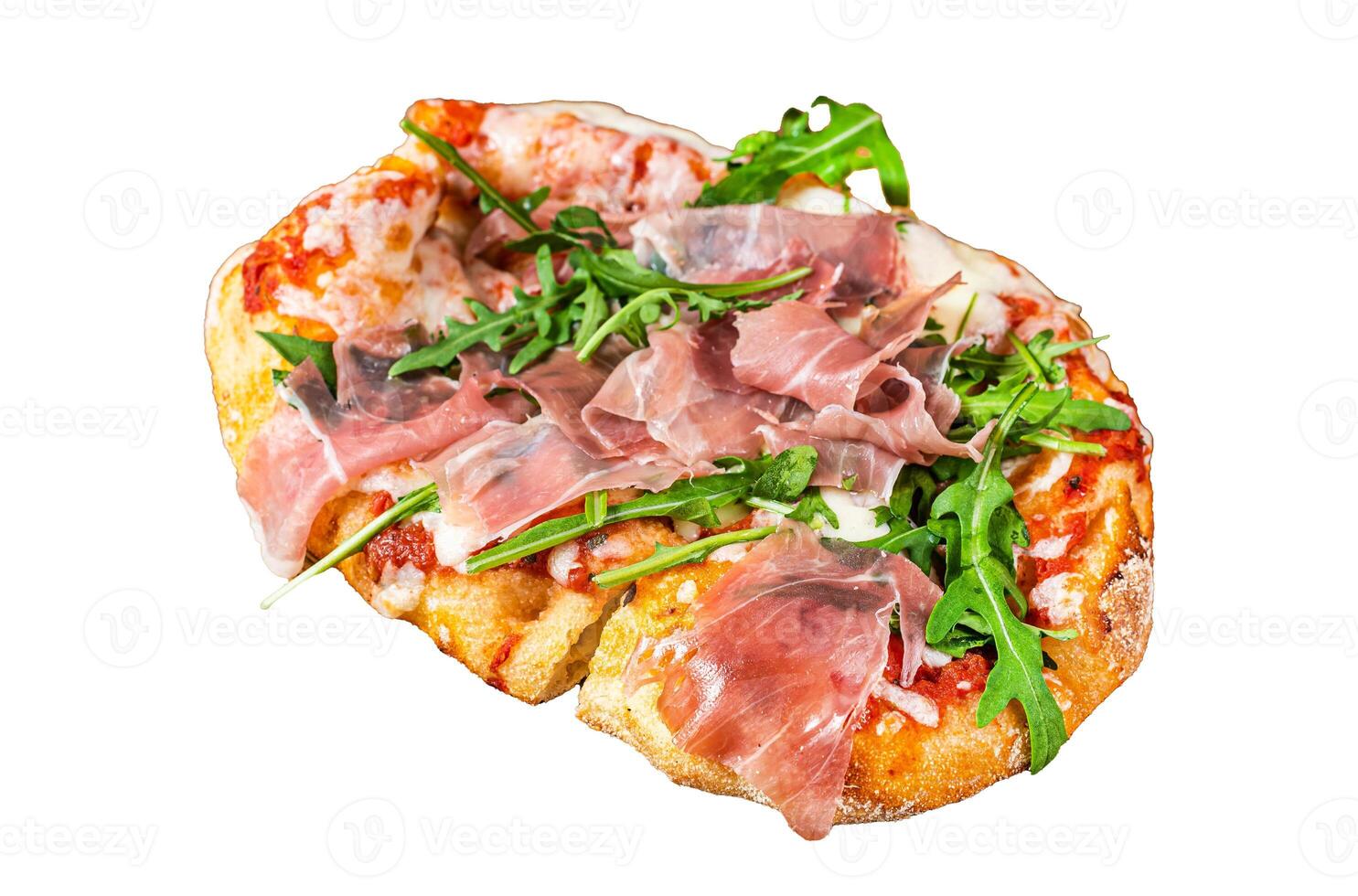 Sliced pizza with prosciutto parma ham, arugula and parmesan cheese Isolated on white background, top view. photo